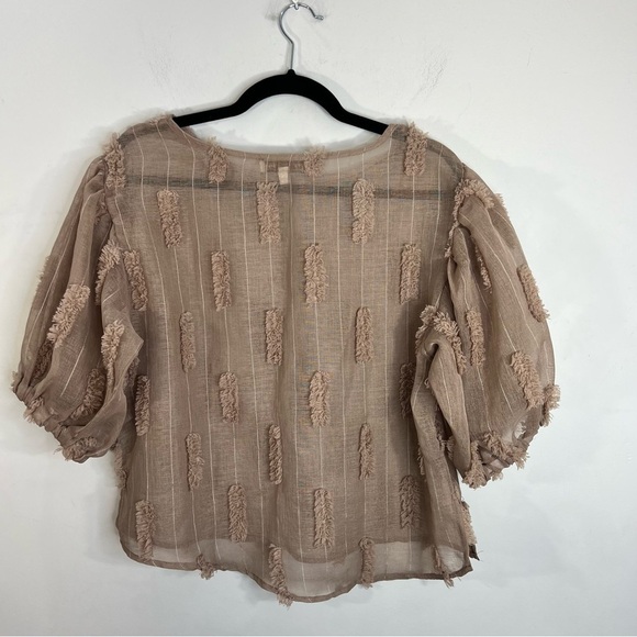 Taupe brown sheer statement puff sleeve pin stripe boxy oversized top M - Picture 5 of 14